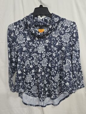 Ruby Rd. Womens LgP Navy White Metallic Floral Blouse Cowl Neck